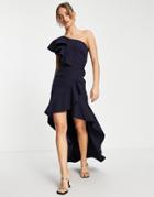 True Violet Frill One Shoulder High Low Maxi Dress In Navy