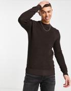 River Island Long Sleeve Waffle Crew Sweater In Brown