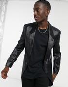 Asos Design Skinny Longline Blazer In Wet Look Black
