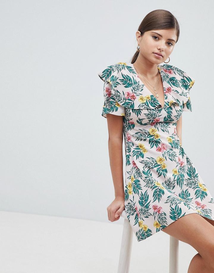 Fashion Union Tea Dress With Flutter Sleeves In Tropical Print - Multi