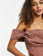 Missguided Bardot Crop Top With Ruched Detail In Beige-neutral