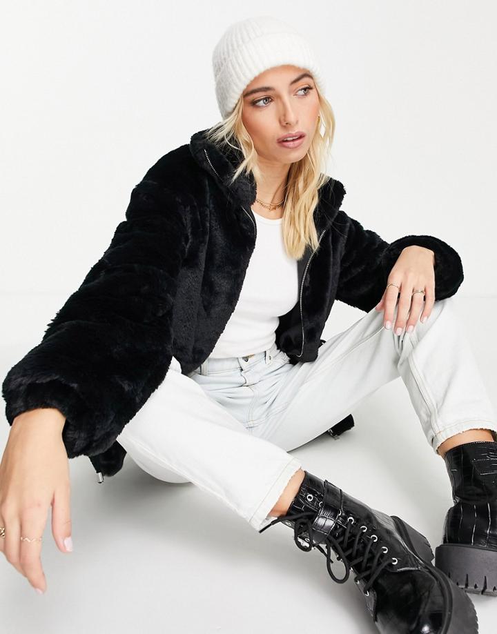 Influence Faux Fur Jacket With Drawstring Waist In Black