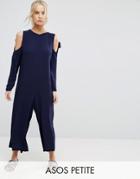 Asos Petite Minimal Jumpsuit In Crinkle With Tie Cold Shoulder Detail - Navy