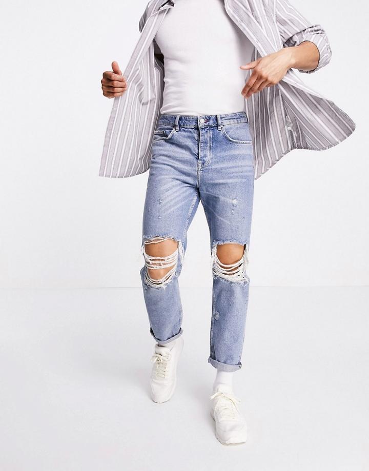 Asos Design Straight Crop Jeans In Dark Wash Blue With Heavy Rips-blues