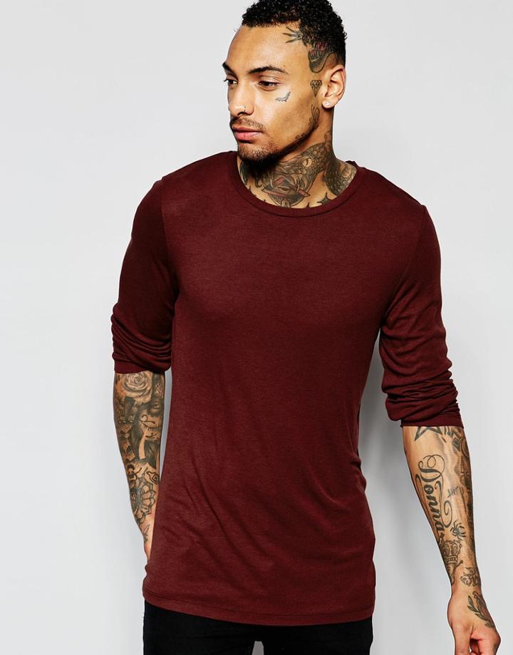 Asos Fine Rib Longline Muscle Long Sleeve T-shirt With Raw Edge In Rust - Brown