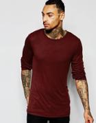 Asos Fine Rib Longline Muscle Long Sleeve T-shirt With Raw Edge In Rust - Brown