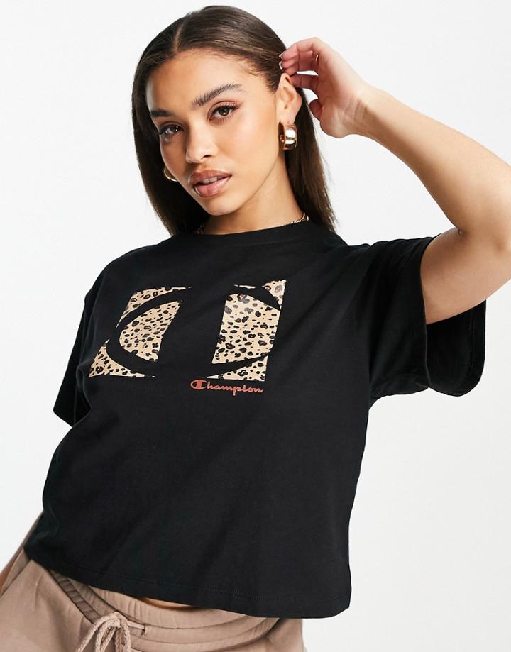 Champion T-shirt With Leopard Print Logo In Black