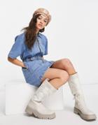 Topshop Short Sleeve Denim Dress In Mid Blue