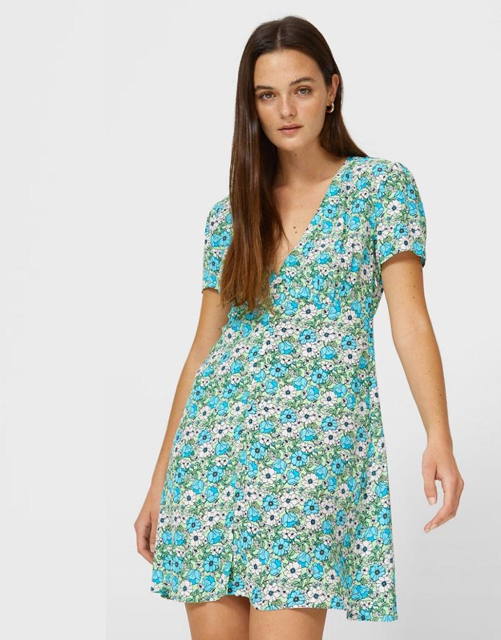 Stradivarius Button Front Mini Dress In Green Floral