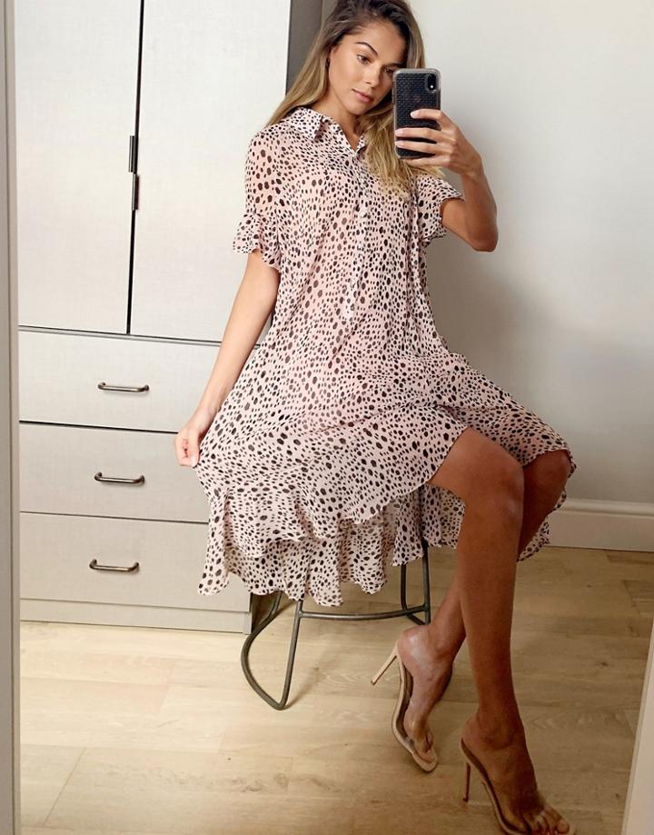 River Island Spotted Print Midi Shirt Dress In Pink