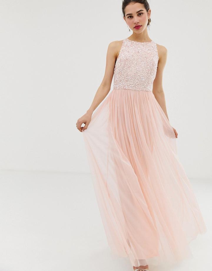 Angel Eye Tulle Maxi Dress With Embellished Detail - Pink