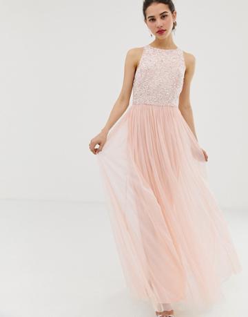 Angel Eye Tulle Maxi Dress With Embellished Detail - Pink