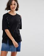 Pull & Bear Lace Up Front T-shirt - Black
