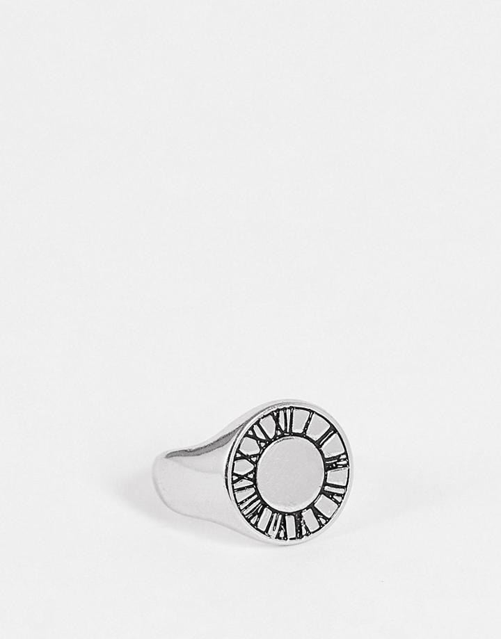 Asos Design Signet Ring With Roman Numerals In Silver Tone
