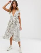 Glamorous Plunge Front Midi Dress With Ruffle Shoulders In Smudge Spot