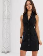 Asos Design Mini Sleeveless Tux Dress With Faux Horn Buttons - Black