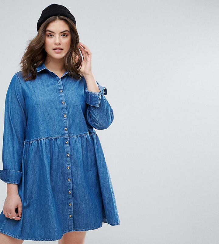Asos Curve Denim Smock Shirt Dress In Midwash Blue - Blue
