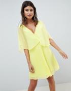 Asos Design Mini Dress With Pleat Skirt And Flutter Sleeve-multi