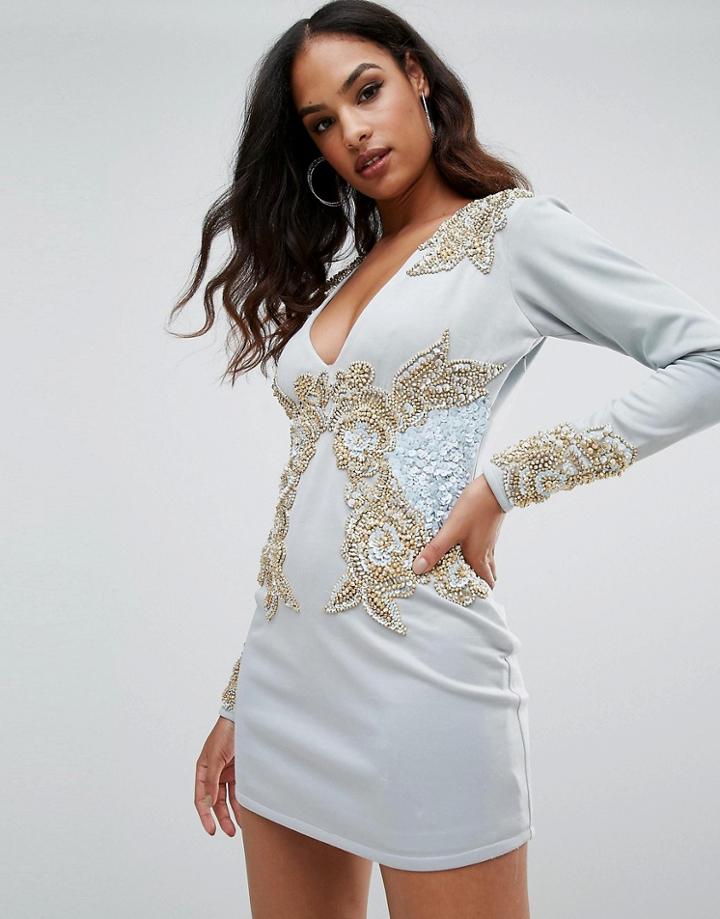 A Star Is Born Long Sleeve Heavily Embellished Dress With V Front - Blue