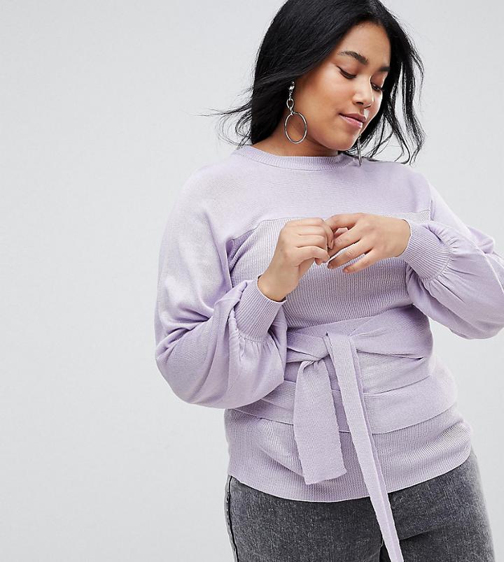 Lost Ink Plus Sweater With Balloon Sleeves And Belt Tie - Purple