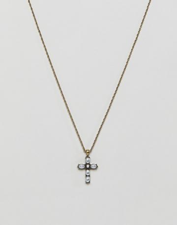Asos Design Cross Necklace With Faux Pearls In Gold Tone - Gold