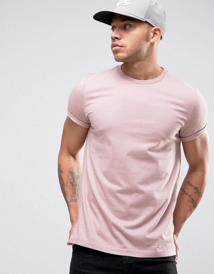 Asos T-shirt With Crew Neck And Roll Sleeve In Pink - Pink