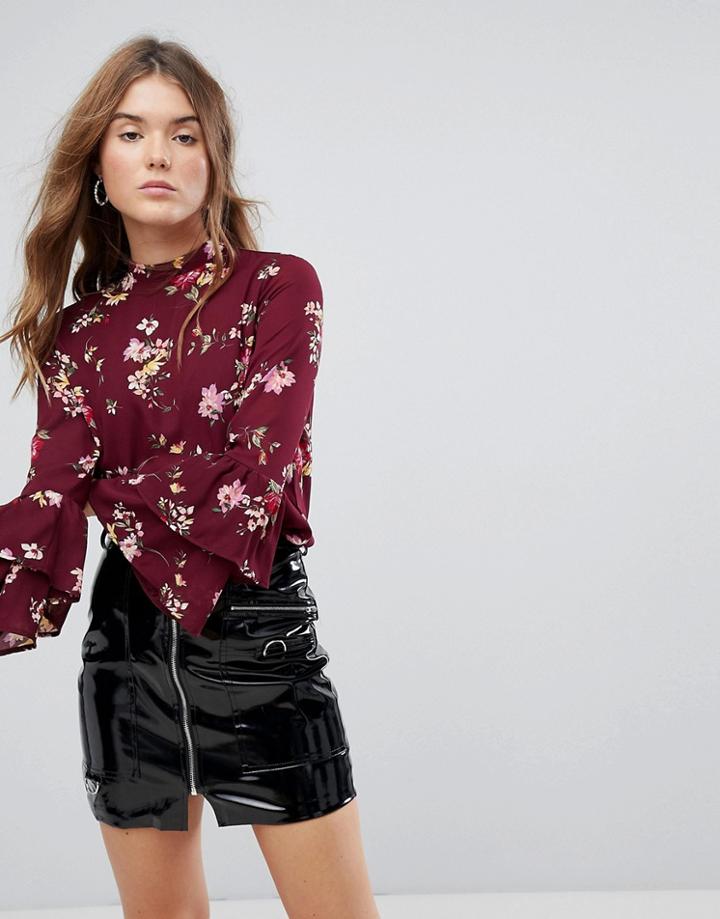 Bershka Floral Printed Double Ruffle Sleeve Blouse - Multi