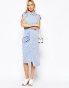 Gestuz Rouched Pencil Skirt With Button Front - Denim Blue