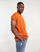 Asos Design Oversized Longline T-shirt With Roll Sleeve In Burnt Orange-brown