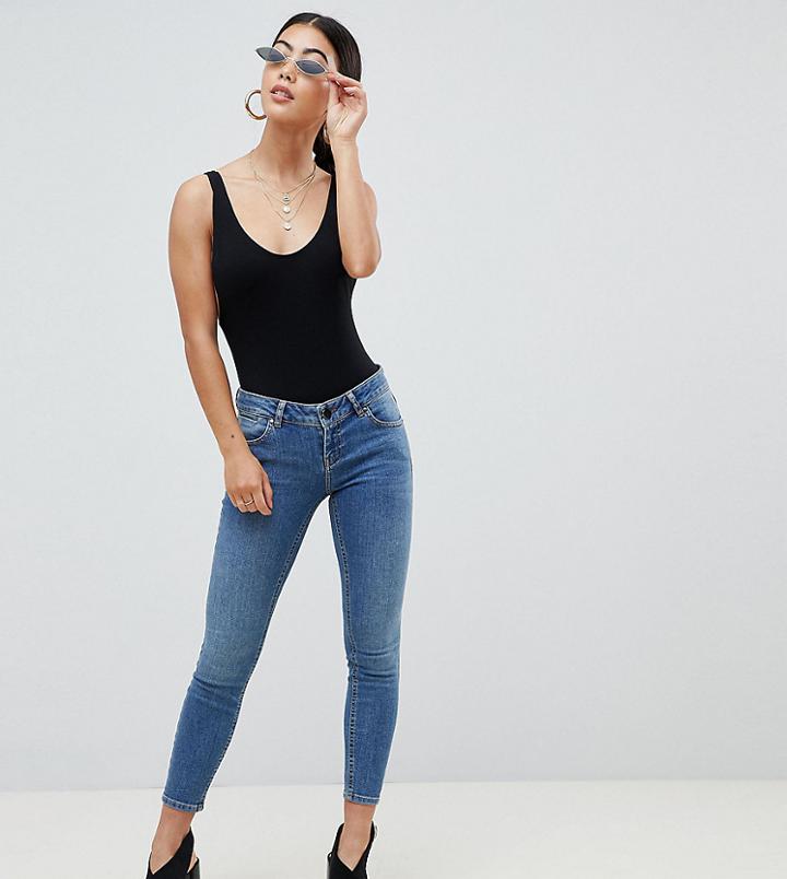 Asos Design Petite Whitby Low Rise Skinny Jeans In Mid Blue Wash - Blue