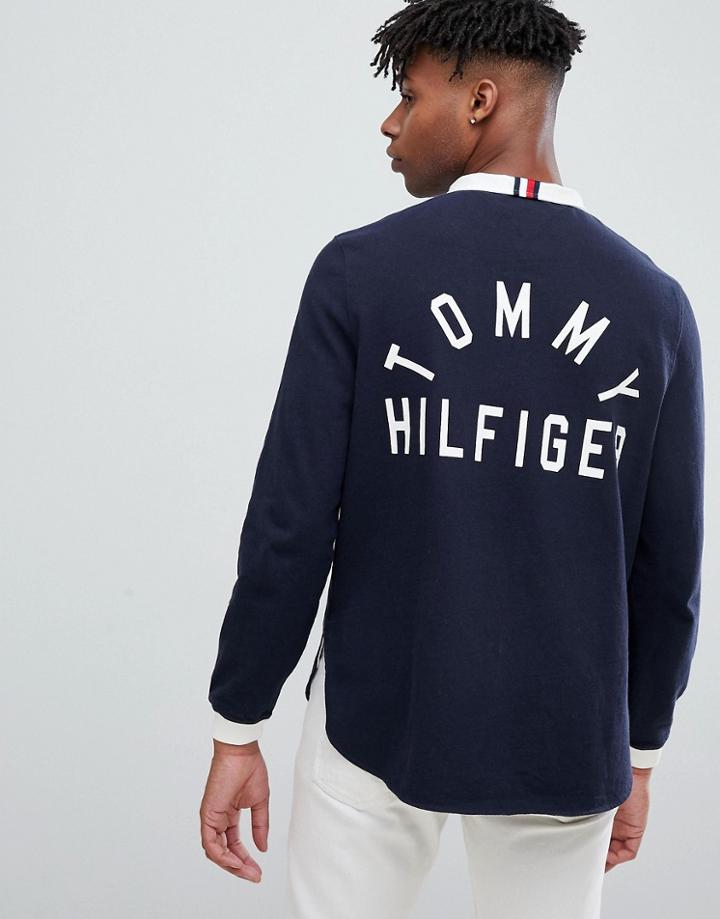 Tommy Hilfiger Stand Collar Back Logo Applique Rugby Long Sleeve Relaxed Fit In Navy - Navy