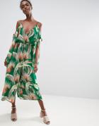 Asos Jumpsuit With Knot And Split Sleeve Detail In Tropical Print - Multi