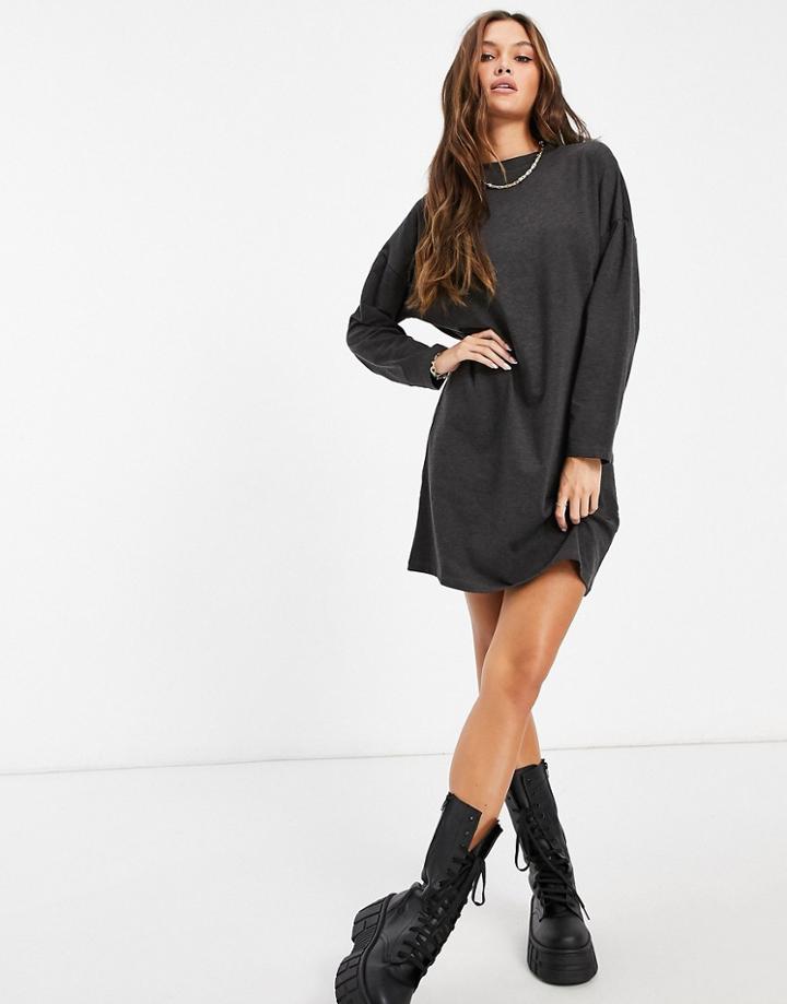Brave Soul Long Sleeve T-shirt Dress In Charcoal-black