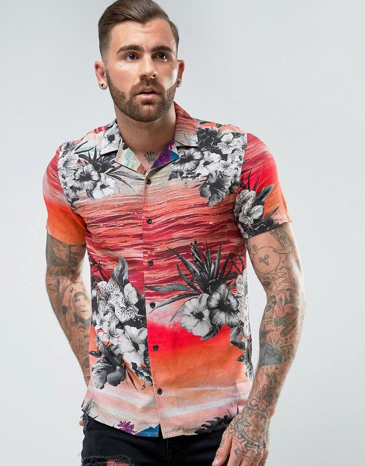 Asos Regular Fit Hawaiian Print Shirt With Revere Collar - Orange
