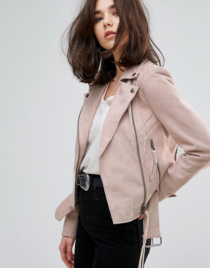 Muubaa Warren Belted Suede Biker Jacket - Pink
