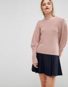 Asos Sweater In Rib With Puff Shoulder - Pink