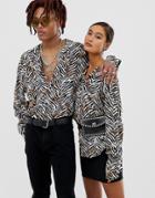 Collusion Unisex Oversized Zebra Print Revere Shirt - Brown