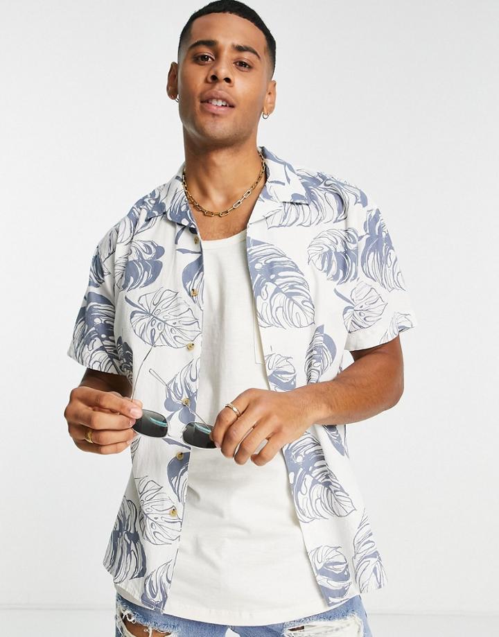 Jack & Jones Originals Leaf Print Camp Collar Short Sleeve Shirt In White-navy