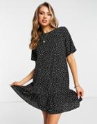 Ax Paris Drop Hem Smock Dress In Black Tiny Polka Dot