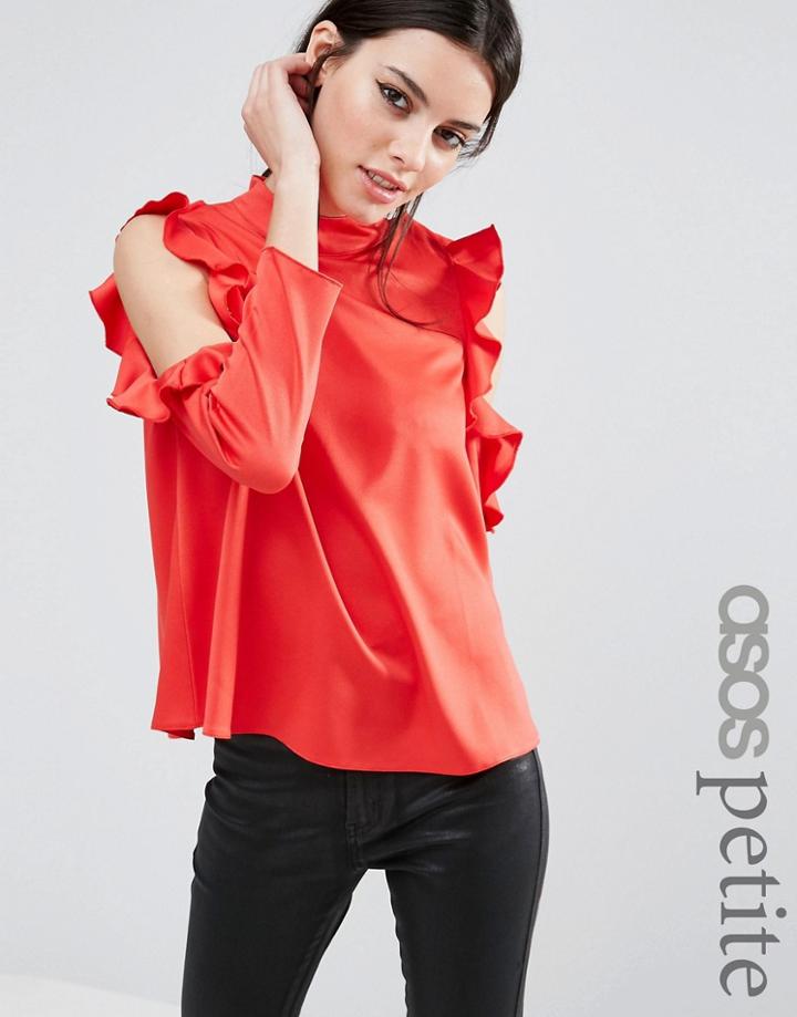 Asos Petite Satin Top With High Neck And Ruffle Cold Shoulder - Red