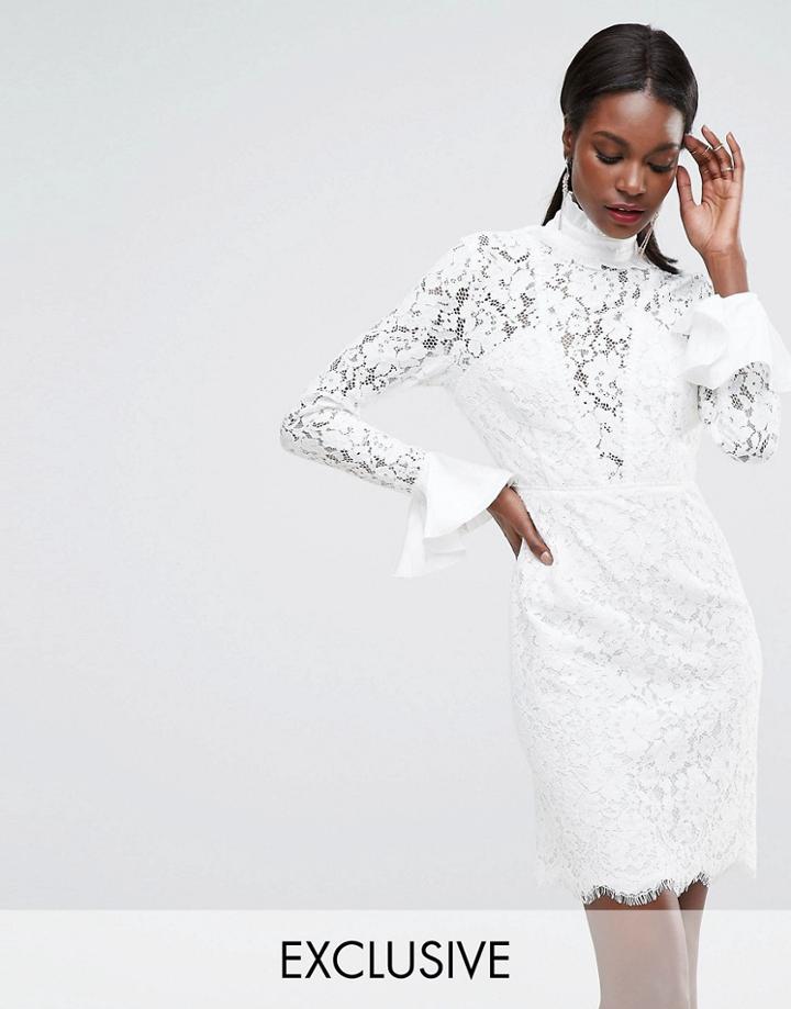 Dark Pink Lace Mini Dress With Fluted Sleeve And Scallop Hem - White