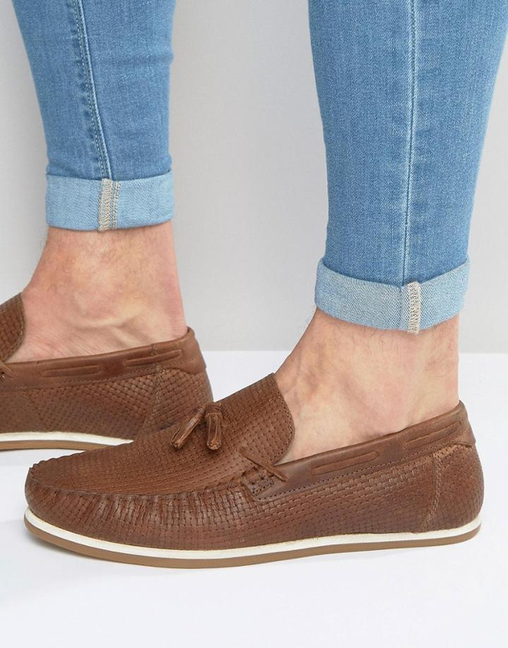 Asos Tassel Loafers In Tan Leather With Woven Detail - Tan