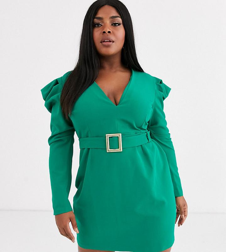 Vesper Plus Deep Plunge Midi Dress With Statement Shoulder In Emerald Green