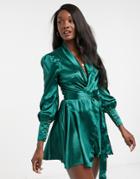 Club L London Cuffed Sleeve Satin Mini Wrap Dress-green
