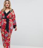 Asos Design Curve Kimono Jumpsuit With Tipping In Floral - Multi