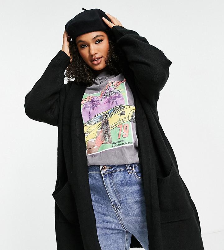 Pieces Curve Longline Cardigan With Pocket Detail In Black