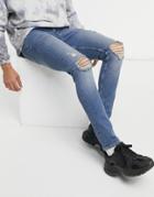 Asos Design Skinny Jeans In Dirty Mid Wash Blue With Rips-blues