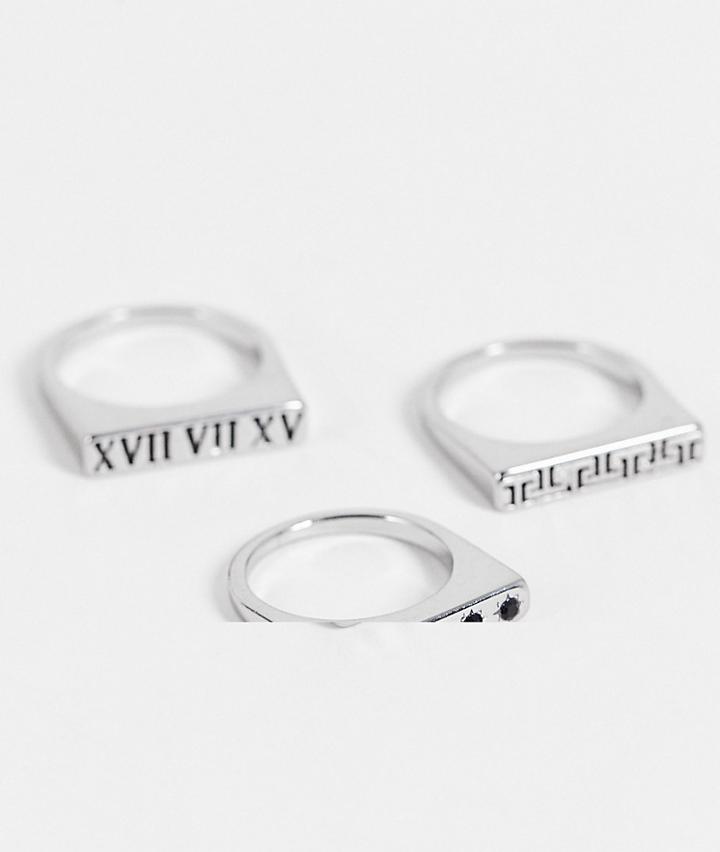 Asos Design 3 Pack Slim Signet Ring Set With Roman Numerals And Greek Design In Silver Tone