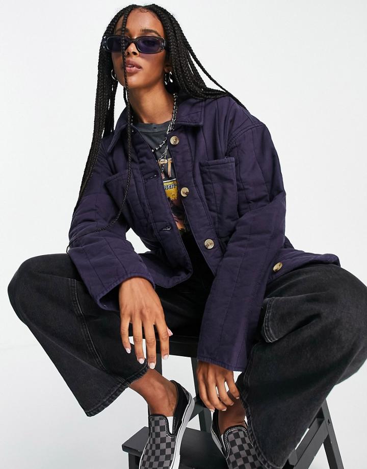 Topshop Washed Quilted Shirt Jacket In Navy-blues