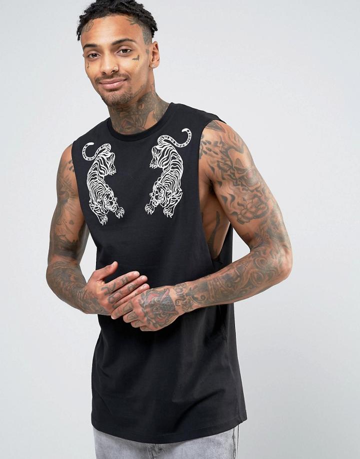 Asos Oversized Sleeveless T-shirt With Embroidered Tiger Design - Blac